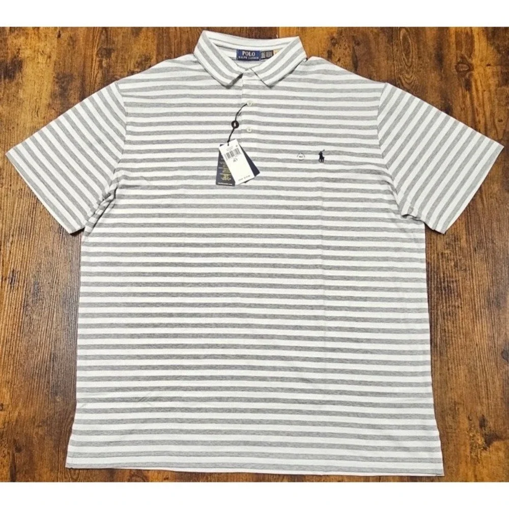 Polo Ralph Lauren Mens Gray Striped Performance Polo Shirt‎ Stretch Size 2XL NWT